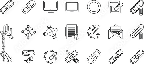 Web link and attachment icons outline set, hyperlink connection symbols for computer, digital communication, network sharing, document attachment design collection