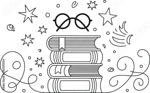 Stack of books with glasses and stars illustration reading