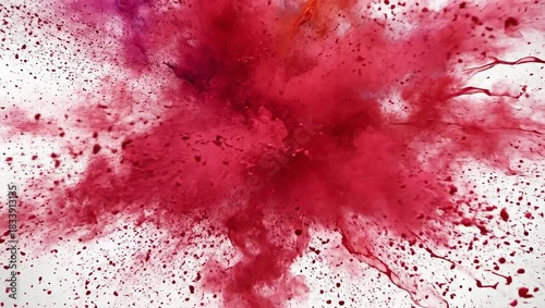 Explosion of Vivid Red Powder Against a Clean White Background Creating a Dynamic Abstract Burst of Color and Light