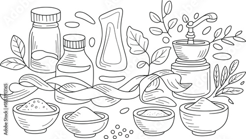 Hand drawn line art illustration of spice ingredients and kitchen tools herb cooking