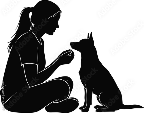 Woman training dog silhouette, pet obedience instruction, sitting owner giving treat, best friend companionship, animal care, playful bond illustration design