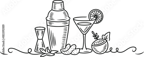 Hand drawn cocktail shaker martini glass jigger and garnish on white background drink
