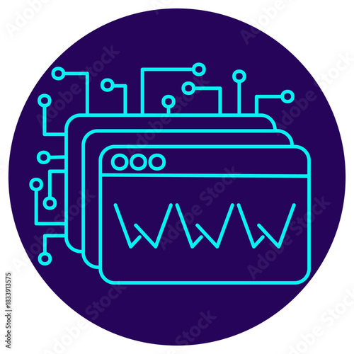 AI Web Optimization icon. Vector thin line illustration on a round dark blue background. Use of artificial intelligence (circuits) to analyze, monitor, and optimize web performance and online content