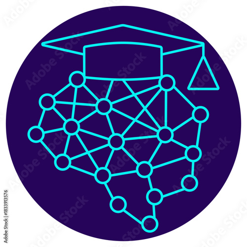 AI Model Training icon. Vector thin line illustration on a round dark blue background. Symbolizes the successful learning or education process of an artificial intelligence (neural network) model