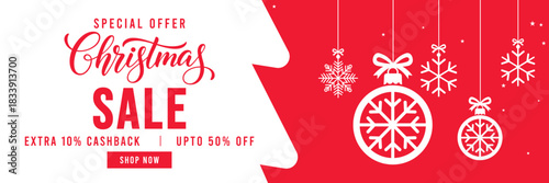 Festive red and white Christmas sale banner with hanging snowflake ornaments and gift boxes, modern holiday typography, special discount and cashback offer design, ideal for seasonal retail, web ads, 