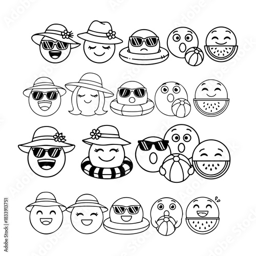 Emojis summer characters clipart set. Summer emoji silhhouette pack