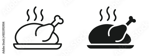 Roast chicken icon set in outline and silhouette style, symbolizing cooked meals, restaurant dishes, comfort food, and culinary preparation, vector illustration.