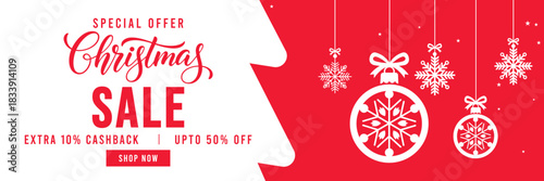 Festive red and white Christmas sale banner with hanging snowflake ornaments and gift boxes, modern holiday typography, special discount and cashback offer design, ideal for seasonal retail, web ads, 