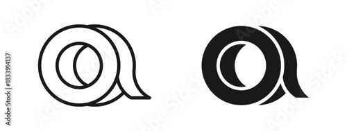 Adhesive tape roll icon set in outline and silhouette style, symbolizing office supplies, packaging tools, and everyday stationery, vector illustration.