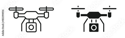 Camera drone icon set in outline and silhouette style, representing aerial photography, remote flying devices, surveillance, and modern technology, vector illustration.