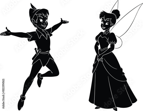 Fairy and storybook boy silhouette characters, pixie wings, magical poses, fairytale shadow art, fantasy illustration, children story design, playful hero, fairy tale clipart isolated