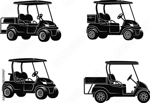 Golf cart silhouette set, electric vehicle icons, four passenger utility buggy, transportation design elements, golf course mobility symbols, black vector graphic collection for commercial use