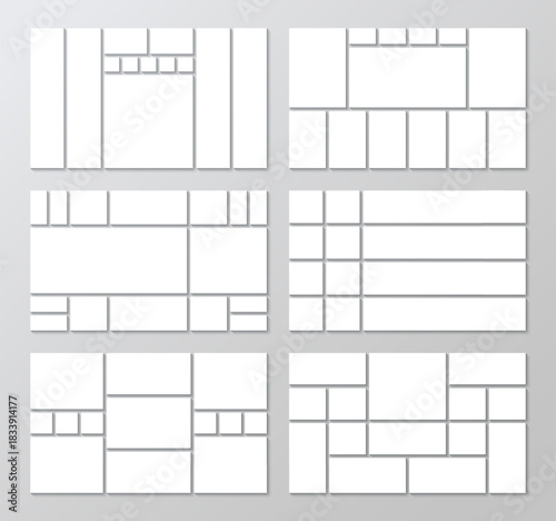 Photo moodboard collection. Mosaic pictures geometric frames set. Collage layout template. Mood board grid. Album brandboard. Gallery banner. Organised portfolio. Vector illustration