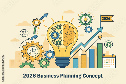 Creative 2026 business planning illustration with lightbulb, gears, growth arrows, and analytics icons representing innovation and strategic planning.