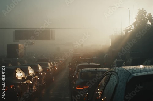 Urban highway traffic jam in dense morning smog with soft golden sunlight reflecting on wet car surfaces creating a dramatic atmospheric pollution scene