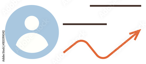 User avatar with upward trending graph, growth lines, and progress representation. Ideal for analytics, business growth, metrics, development, tracking success and strategy. Simple flat metaphor