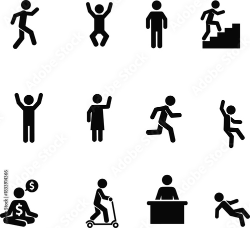 People stick figure icon set, activity symbols, human pictogram silhouettes, motion poses, lifestyle actions, business symbols, scooter, stairs, meditation, finance bubble icons isolated
