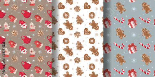 Three vertical holiday patterns brown with gnomes, mugs, and mittens white with gingerbread cookies blue with candy canes, gifts, and snowflakes. Seamless festive design for seasonal decor