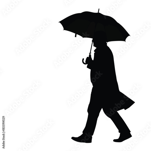 Silhouette of a man in a trench coat walking with an umbrella