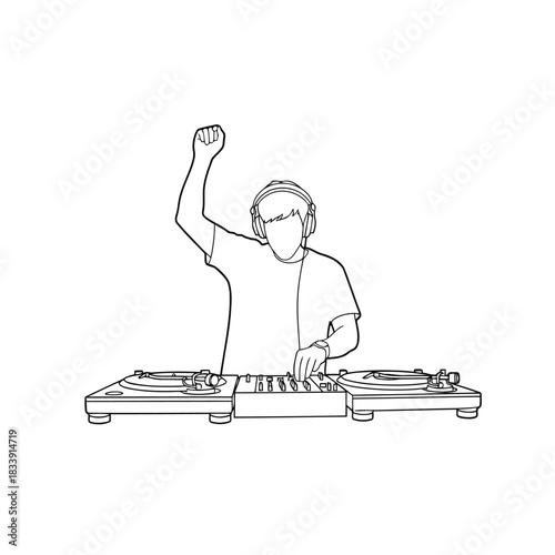 Outline drawing of a dj mixing music with fist raised