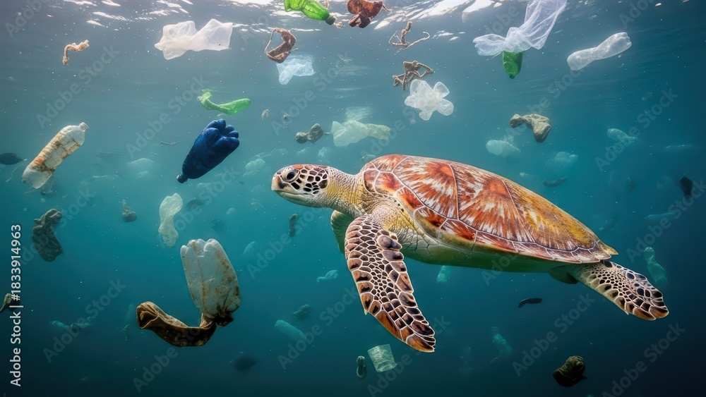 Fototapeta premium Sea turtle amidst ocean pollution highlighting marine conservation
