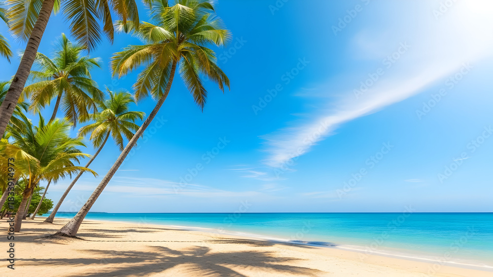 Fototapeta premium A beautiful tropical beach scene with palm trees, white sand, and a clear blue sky, perfect for relaxation.