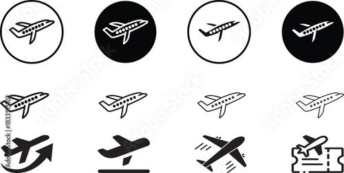 Airplane Travel Icons Set, Flight Takeoff and Landing Outline Solid Vector Collection