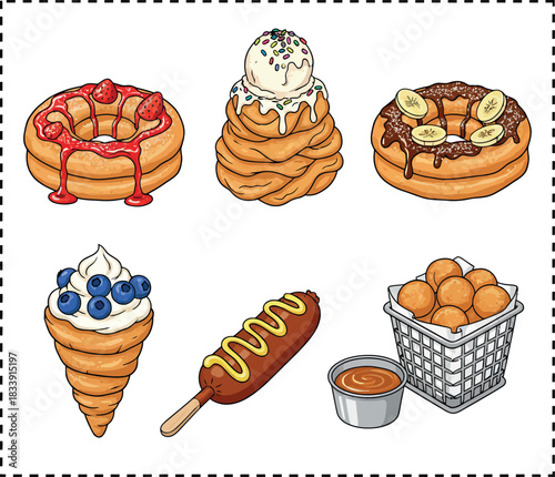 Funnel Cake Illustration Vector with Sweet Powdered Sugar Funnel Cake Carnival Treat Vector Art for Food and Dessert Graphics 