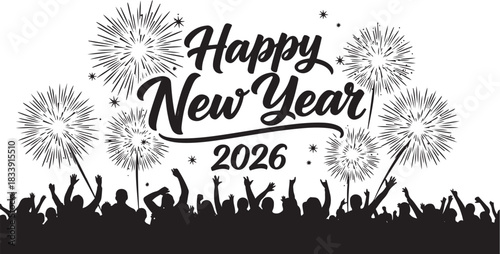 Happy New Year 2026 celebration with fireworks and cheering crowd silhouette