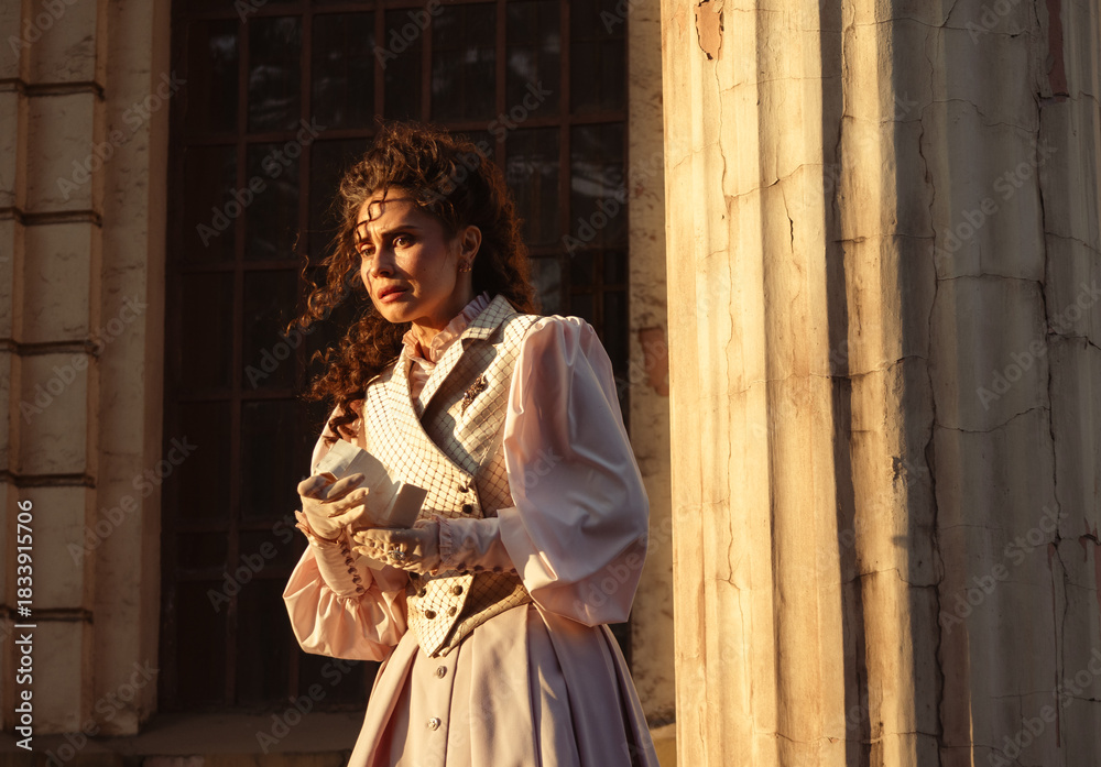 Fototapeta premium A woman in a vintage dress reads a letter near the columns of an ancient cathedral.