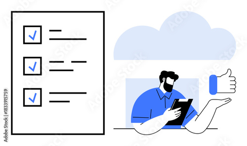 Productivity, business organization, task tracking, goal setting, approval process, teamwork. A checklist with checkmarks and a person holding a tablet. Productivity and business organization