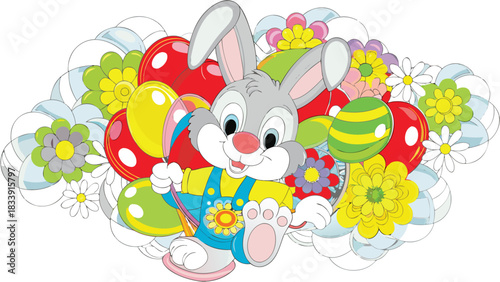 Cute cartoon bunny wearing blue overalls holding colorful easter eggs and balloons surrounded by flowers and decorative elements for a festive spring holiday celebration