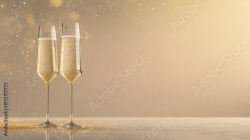 Minimalist new year banner with crystal champagne flutes and golden sparkles