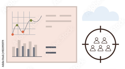 Performance charts with bar graphs, growth line trends, and group targeting within a focus icon. Ideal for marketing, analytics, strategy, data trends, audience targeting, goals professional