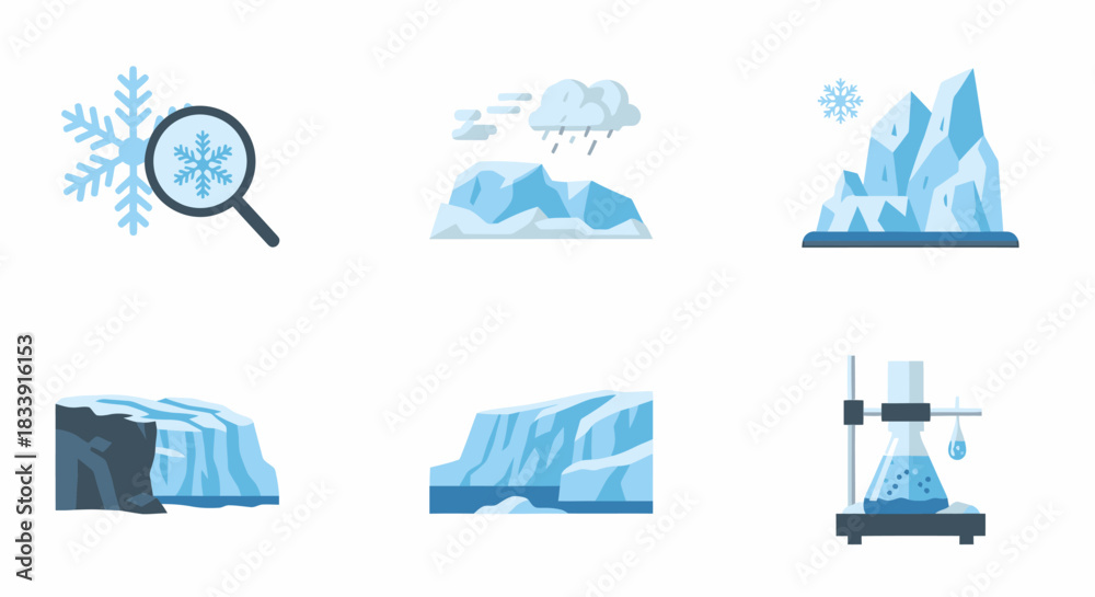 Obraz premium Six vector illustrations depicting ice, snow, and cold weather elements, including a snowflake under a magnifying glass and melting ice.