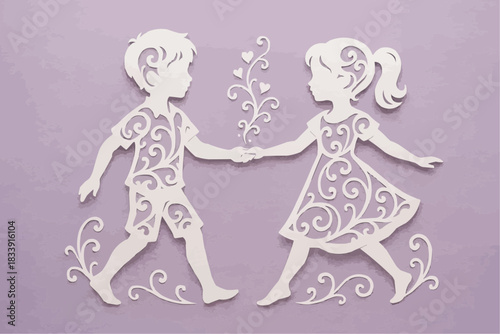 Stencil of children holding hands. A decorative element for cutting, printing, and decorating windows.