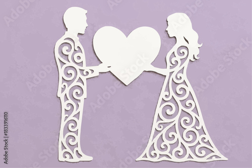 A stencil of a couple holding a heart. A decorative element for cutting, printing, and decorating windows.