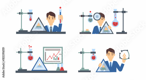 Scientists performing experiments with beakers, triangles, and lab equipment.