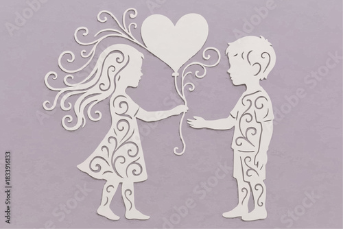 Stencil children exchange heart-shaped balloons. A decorative element for cutting, printing, and decorating windows. 