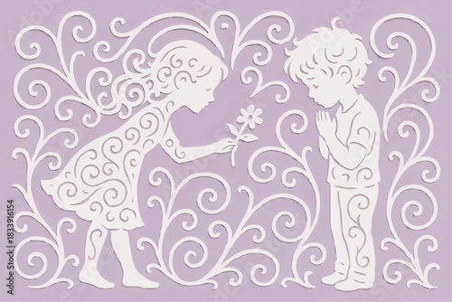Stencil children exchange flowers on a decorative floral background. A decorative element for cutting, printing, and decorating windows.