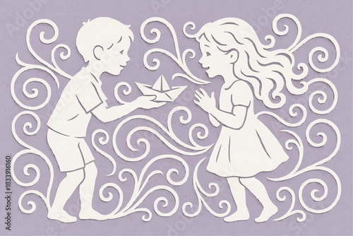 Stencil boy gives a girl a paper boat.  A decorative element for cutting, printing, and decorating windows.