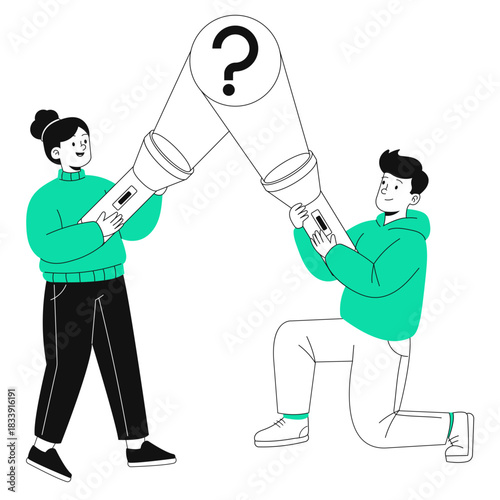 Teamwork illuminates solutions finding answers together with bright ideas a collaborative journey to problem solving and innovation, vector based