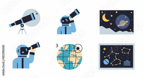 A collection of illustrations depicting astronomy themes, including telescopes, astronauts, planets, and constellations.