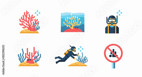 Set of underwater coral reef and diving related iconic illustrations