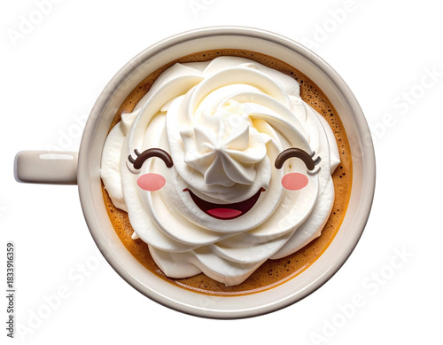 Whimsical Smiley Mug With Overflowing Whipped Cream, Top-Down Cozy Angle, Isolated