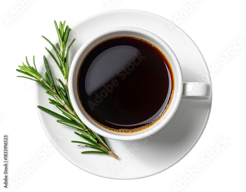 Top-Down Flat Lay of Black Coffee in Cup With Rosemary Garnish on Saucer, Minimalist Composition, Isolated