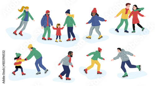 Set of people skating in winter, winter sports on white background