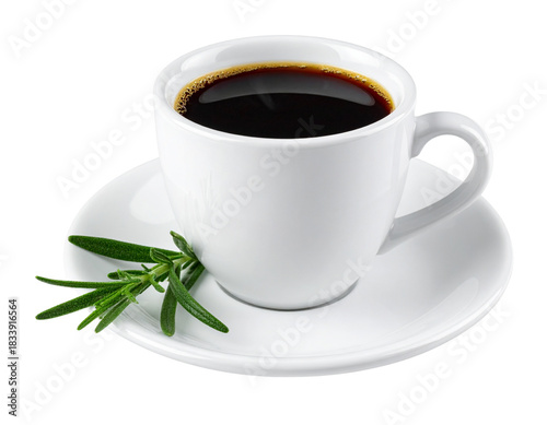  Black Coffee Cup With Rosemary Sprig on Saucer, Clean Front View, Isolated on Transparent Background