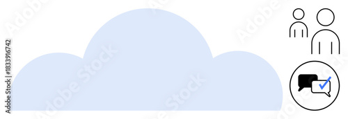 Blue cloud with two minimal human figures and a chat bubble with a checkmark. Ideal for teamwork, communication, cloud technology, collaboration, data sharing, approval workflows, online