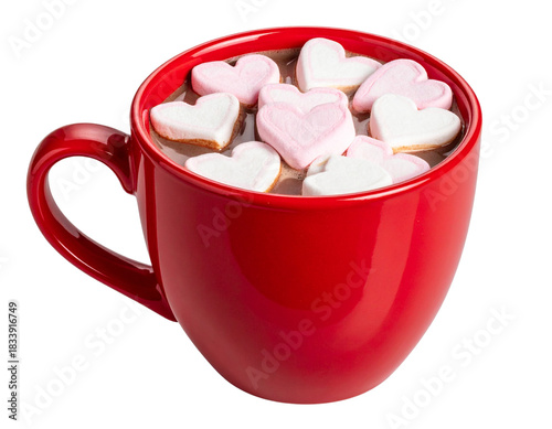 Red Mug Filled With Heart-Shaped Marshmallows in Hot Chocolate, Front View, Isolated on Transparent Background